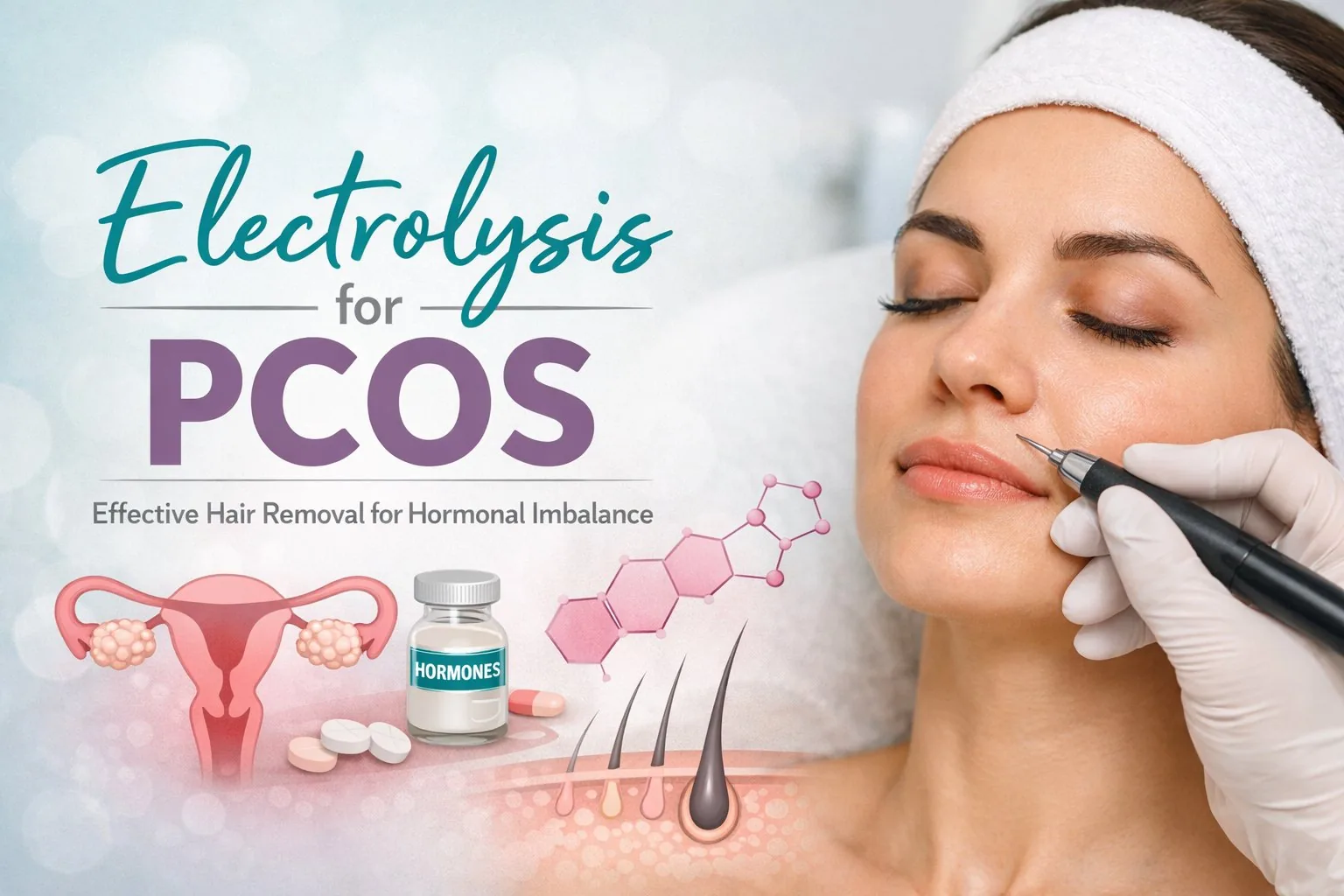 Esthetician performing electrolysis hair removal on woman with PCOS